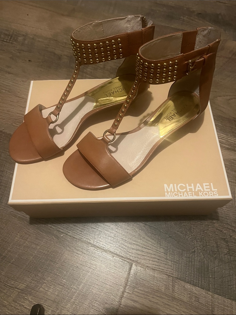 MICHAEL Michael Kors Tan Studded T-Strap Wedge Sandals